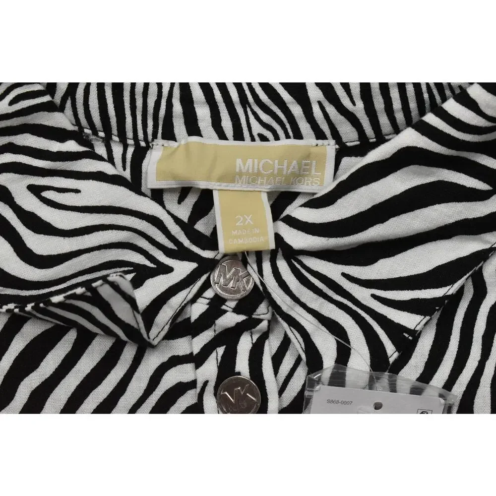 Michael Kors Women's 2X Zebra Print Linen Viscose Button Up Blouse Long Sleeve B